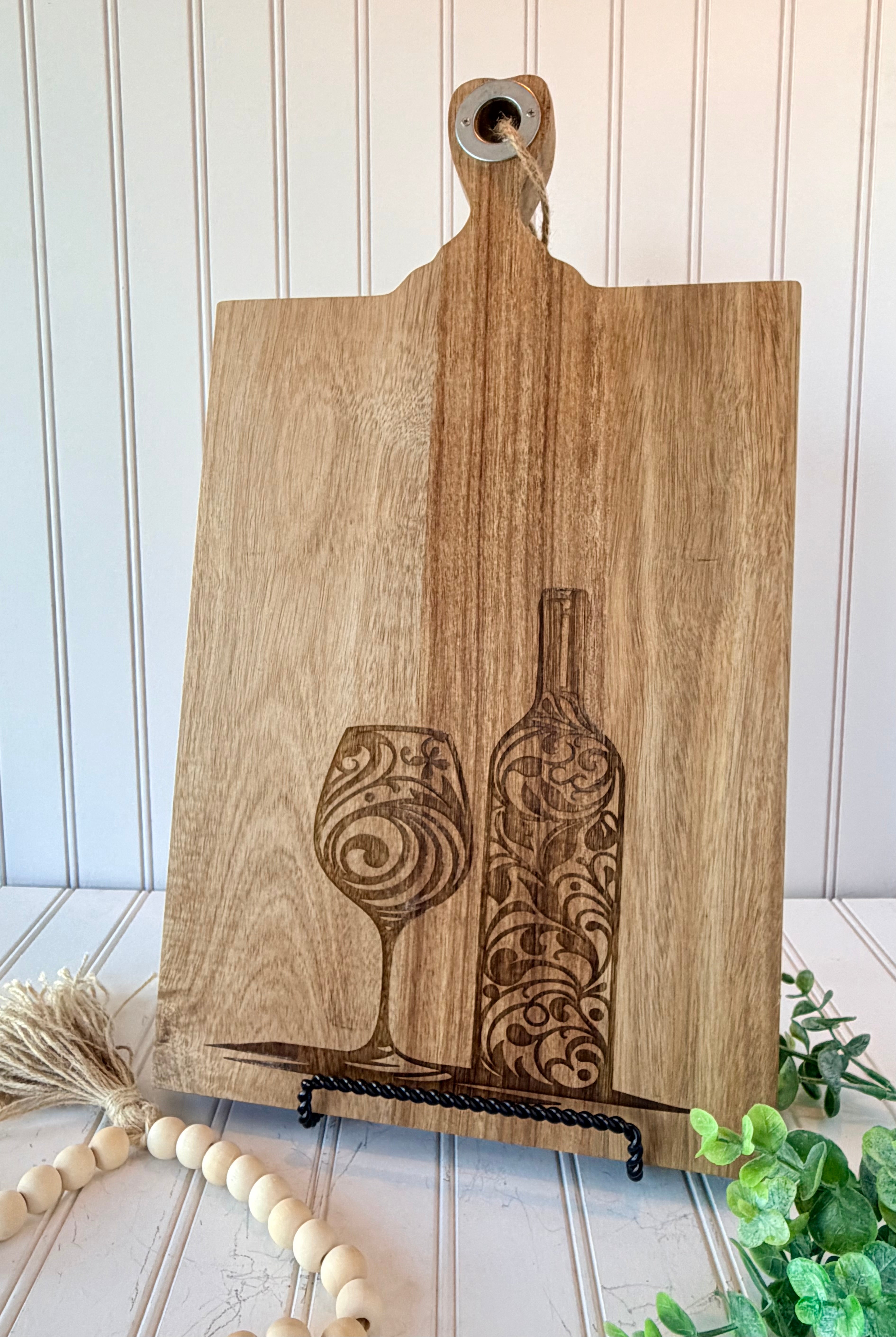 Engraved Wine Bottle & Glass Cutting Board | Boutique Kitchen Décor